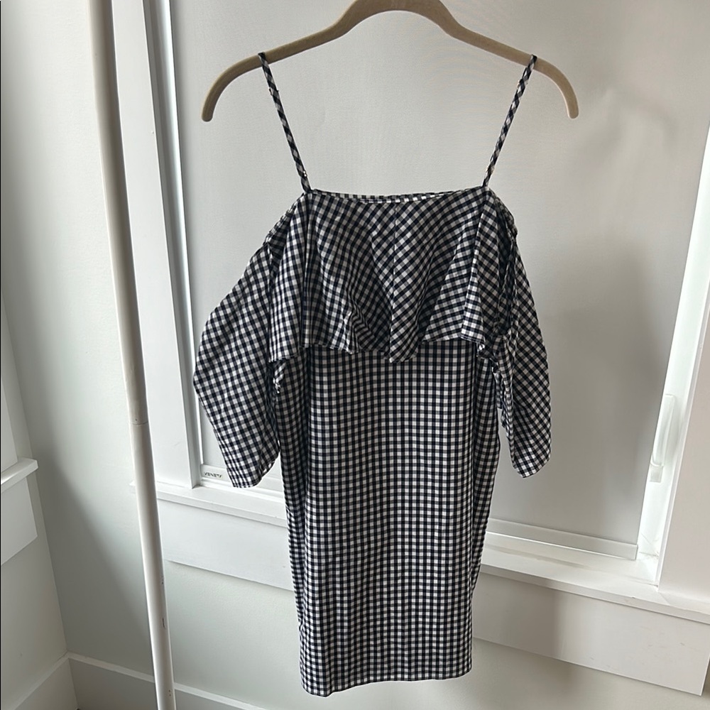 Amanda Uprichard Navy and White Gingham Off-Shoulder Dress S